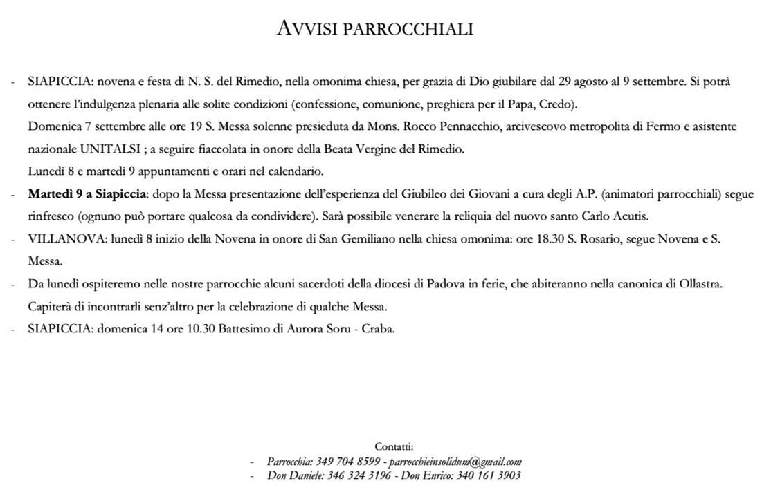 Avvisi ai Parrocchiani Settembre 2025